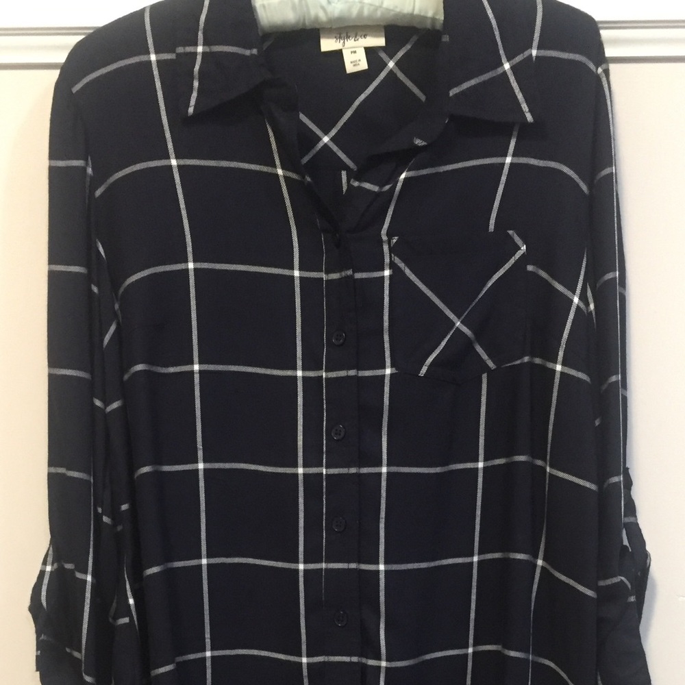 Petite M Navy Windowpane Plaid Check Shirt NWT - Picture 8 of 15